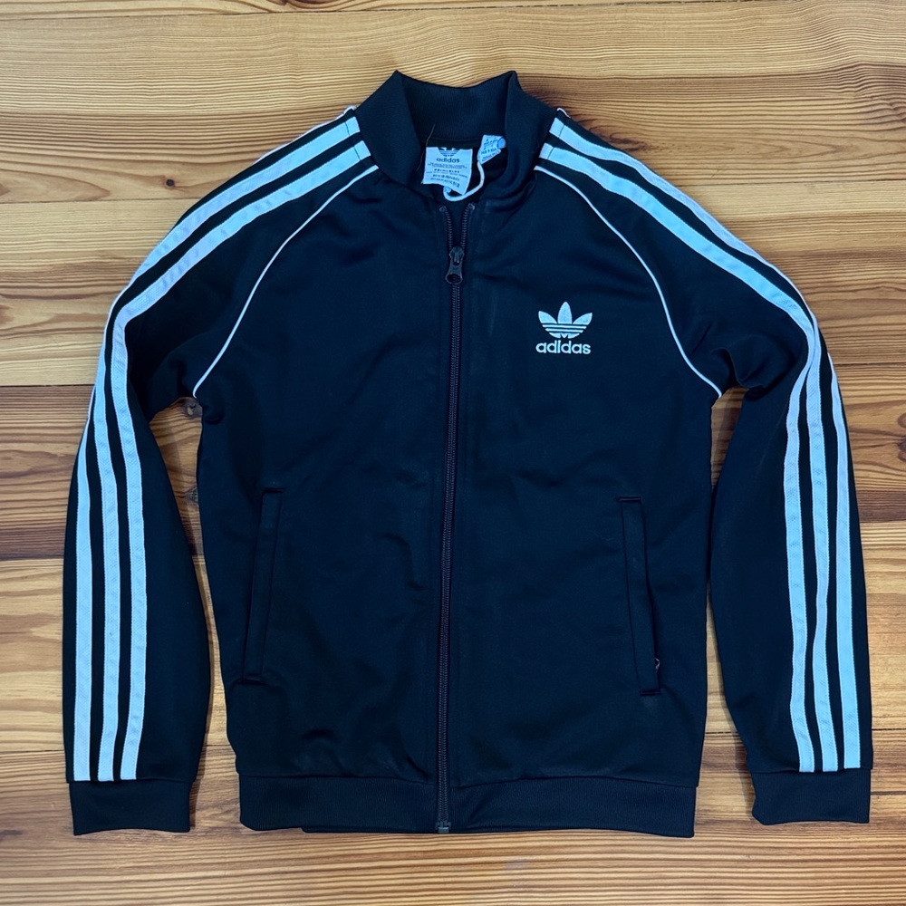 EUC Adidas Black Varsity Jacket with White Accents PrimeBlue Sz S